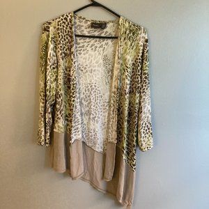 Travellers By Chicos Green Beige Cheetah Cardigan Open Size 1 US 8